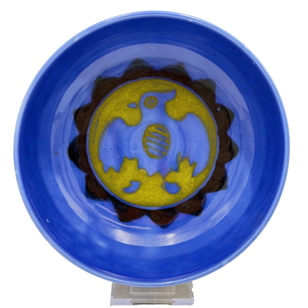 Vtg 60s MCM Scandinavian Studio Art Pottery Blue Yellow Bird Serving Bowl 7.5in